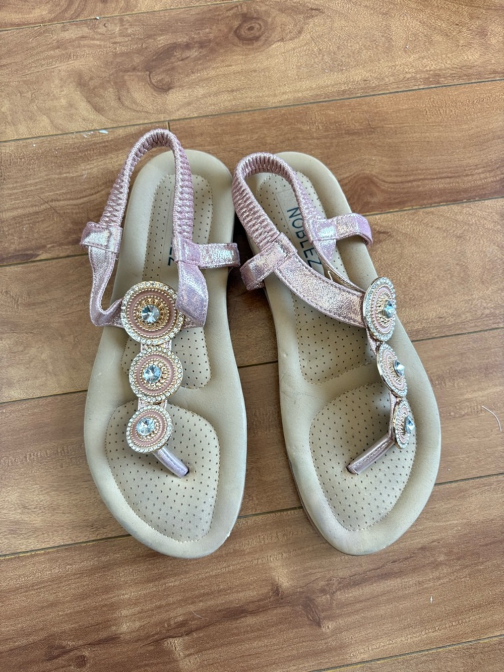 Women's Rose Gold Embellished T-Strap Sandals